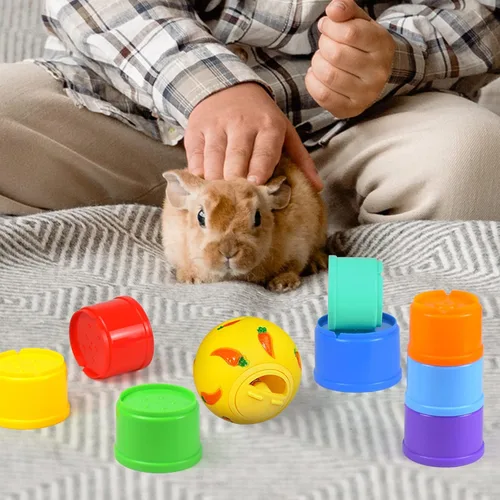 Vista 6 de Paquete de 9 tazas apilables de conejo y bolas de golosinas de conejo, con tazas apilables de plástico multicolor, juguetes de conejo