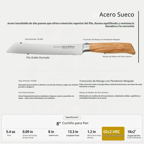 Vista 7 de WICKWILLOW Cuchillo de pan de doble dentado de 8 pulgadas, acero sueco, madera de olivo