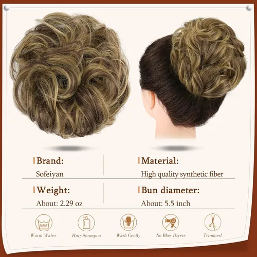 Vista 2 de SOFEIYAN Pinza de Gancho Extension de Cabello con Forma de Moño Desordenado, Cabello Ondulado y Rizado, Pinza de Gancho, Chignon, Cola de Caballo