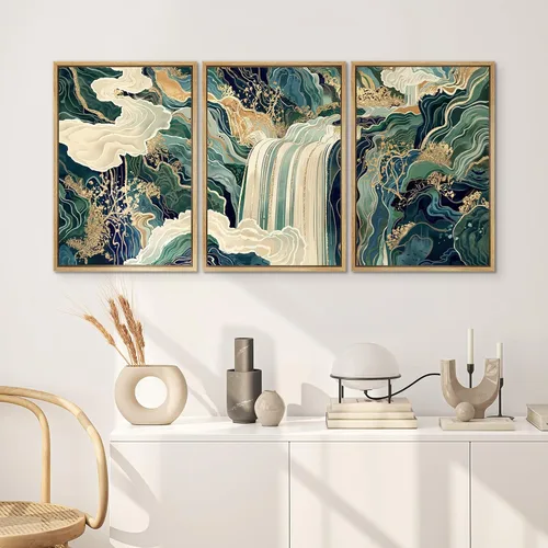 Vista 3 de SIGNWIN Lienzo enmarcado para pared, juego de arte de elegancia de cascada dorada con fluidos lujosos y elementos de la naturaleza, ilustraciones