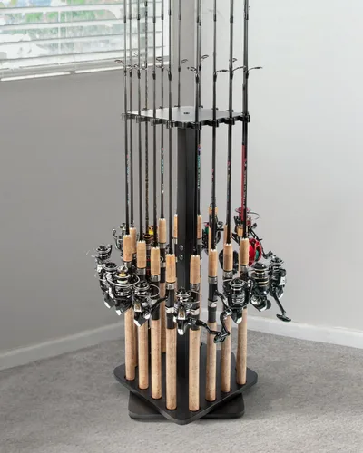 Vista 2 de Ghosthorn Soportes para cañas de pescar para garaje, soporte giratorio de 360 grados para cañas de pescar, soporte de pie de madera para guardar