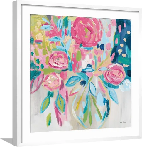 Vista 10 de ART.COM Farida Zaman - Lienzo enmarcado para pared, diseño floral rosa de verano, decoración botánica, 16 x 16 pulgadas, marco negro con paspartú