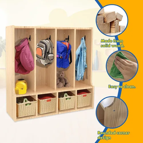 Vista 6 de TONGMO Armario de abrigos para niños con banco, muebles naturales para niños pequeños de 4 secciones para almacenamiento organizado (4 secciones)
