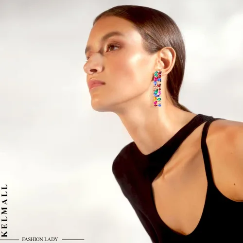 Vista 2 de KELMALL - Aretes colgantes cuadrados con diamantes de imitación y cristales brillantes geométricos para mujer, colección Kemall