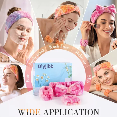 Vista 2 de DiyJibb Diadema de spa de 9 piezas para lavar la cara, cuidado de la piel, diadema y pulsera, para mujeres, adolescentes, niñas, para lavar la cara