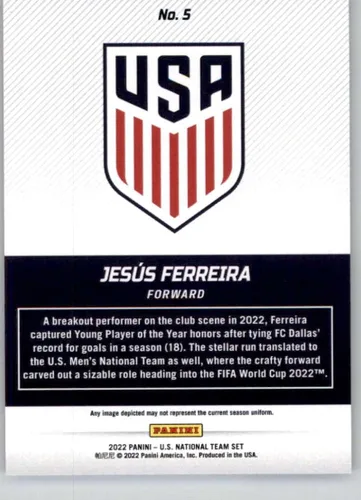 Vista 2 de 2022 Panini Instant US National Team #5 Jesus Ferreira USA Men's National Team Official Soccer Trading Card From Panini in Raw (NM or Better)