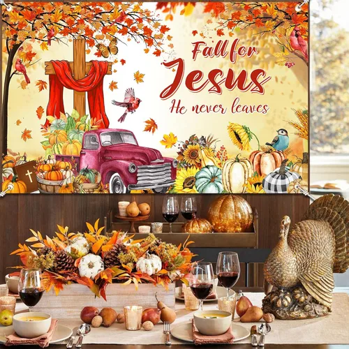 Vista 4 de YE SU - Fondo de fotografía con texto en inglés "Fall for Jesus", "Jesús Él Never Leave", fondo de fotografía de otoño, calabaza, hojas de arce