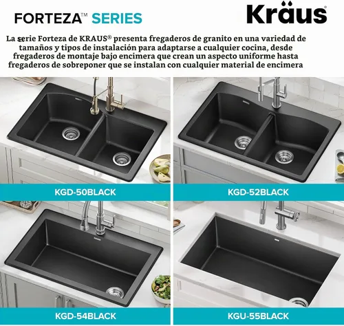 Vista 15 de Kraus Forteza - Fregadero de cocina de doble seno 50/50 de granito de instalación empotrada/sobre encimera, 33 pulgadas, color negro (KGD-52BLACK)