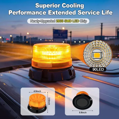 Vista 2 de Paquete de 1 luz estroboscópica ámbar, LED recargable, base magnética Wireless 3600mAh with suction cup mount. Emergency safety warning light for