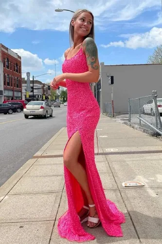 Vista 5 de TIRAS Sexy tirantes delgados, vestidos de graduación rosados largos para adolescentes con abertura en la espalda abierta, vestidos formales