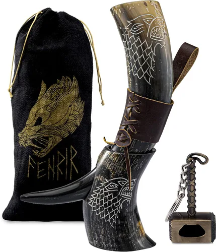 Vista 7 de FENRIR Cuerno vikingo para beber con soporte 16 oz – Regalos para hombres, papá, esposo – Taza natural de cuerno de buey con abrebotellas de Thor