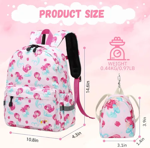 Vista 2 de MIRLEWAIY Mochila para niños pequeños con bolsa para monedas, Sirena rosa, Mochilas para mochila