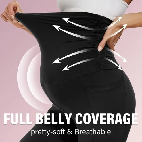 Vista 2 de Sundwudu Paquete de 2 leggings de maternidad sobre el vientre, pantalones de yoga de cintura alta para mujer, pantalones de entrenamiento activos