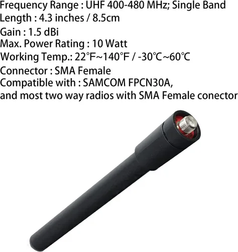 Vista 4 de Samcom Antena corta de radio bidireccional con SMA-hembra, antena elástica y no deformable de 3.4 pulgadas para Walkie Talkies UHF 400-480MHz