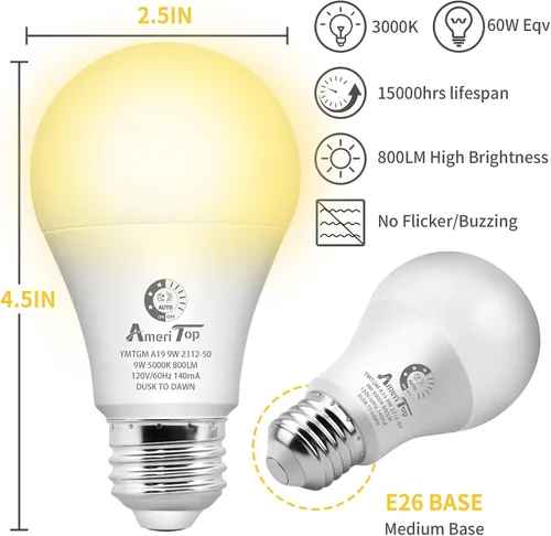 Vista 3 de Paquete de 3 bombillas del atardecer al amanecer, bombillas LED con sensor A19, 3000K blanco cálido