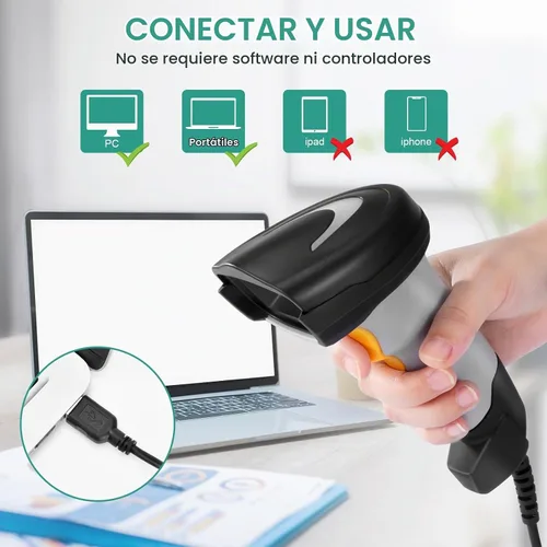 Vista 4 de Escáner de código de barras, escáner de código QR de mano conexión con cable USB 1D 2D y PDF417 Matriz de datos Lector automático de códigos