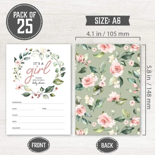 Vista 2 de Invitaciones de baby shower para niña con sobres (juego de 25) – Invitaciones florales para baby shower para niña con boletos para rifas de pañales