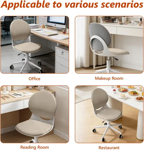 Vista 8 de Silla moderna de oficina en casa, silla de escritorio de tela de piel sintética sin brazos con respaldo medio, silla giratoria de altura ajustable