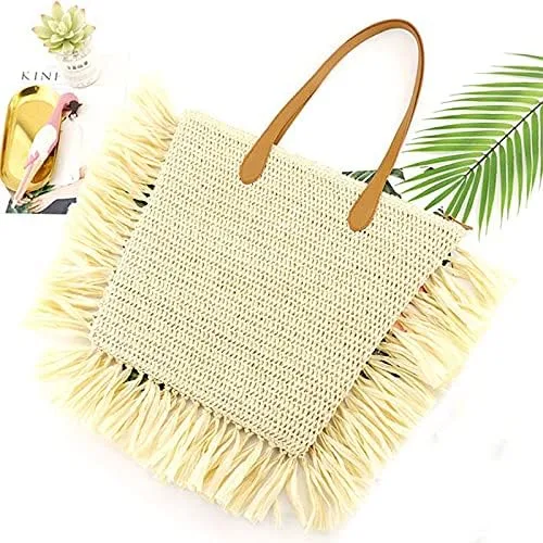 Vista 3 de Women Large Fringe Straw Woven Shoulder Bag Summer Beach Top-Handle Bag Travel Tote