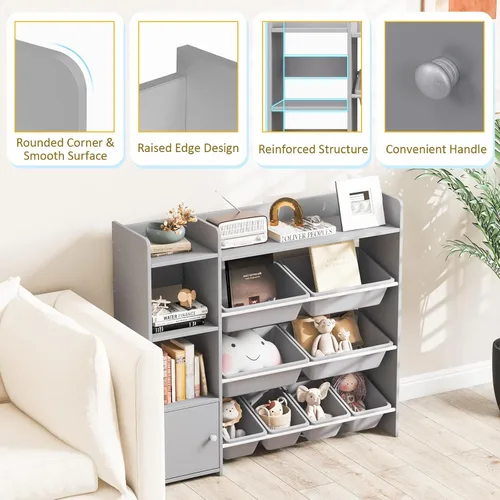 Vista 5 de GLACER Organizador de almacenamiento de juguetes para niños, estante de juguetes de 4 niveles con 8 contenedores de almacenamiento de plástico y Gris