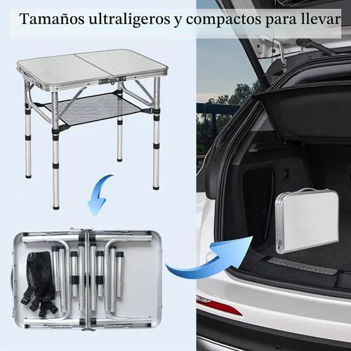 Vista 6 de Mesa plegable pequeña con red de almacenamiento, mesa de campamento plegable portátil de 24 x 16 pulgadas con 3 alturas ajustables, mesa de metal