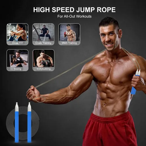 Vista 3 de Cuerda de saltar de velocidad para hombres y mujeres, cuerda de saltar de fitness con mango de aluminio y 2 cuerdas, diseño de autobloqueo, cuerda