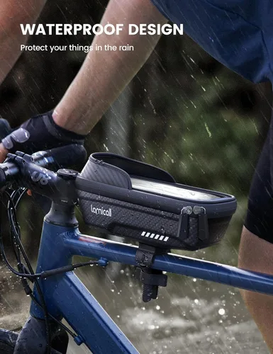 Vista 2 de Lamicall Paquete de 2 bolsas impermeables para marco de bicicleta, [versión 1s] [2 en 1], bolsa de teléfono para bicicleta, soporte para teléfono
