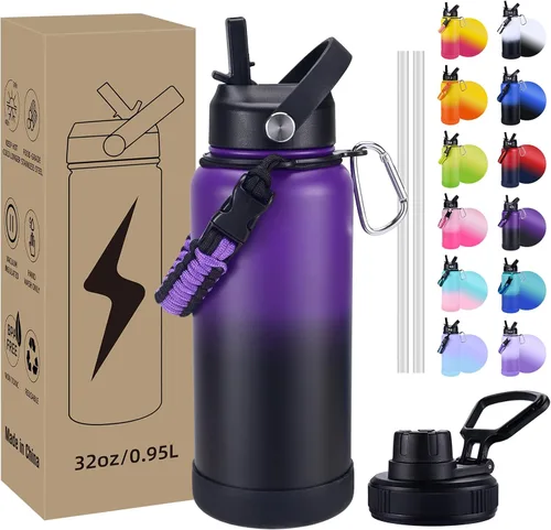 Vista 13 de Botella de Agua Aislada, botellas de agua de boca ancha de acero inoxidable de 32 onzas con 2 tapas a prueba de fugas y mango de paracord, botella