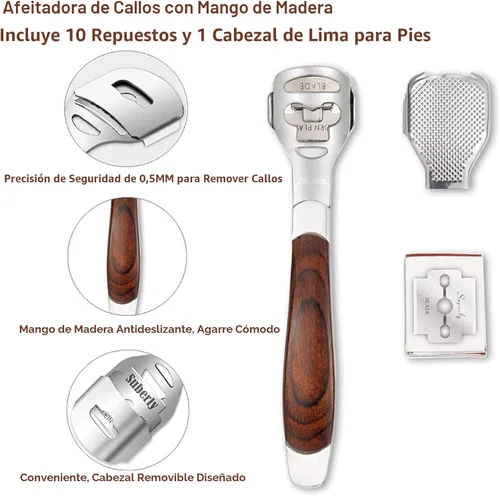 Vista 3 de Raspa de pie colosal y afeitadora de callos con mango de madera (10 cabezales de repuesto y 1 lima), kit de lima de pie de pedicura, raspador