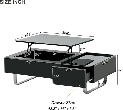Vista 2 de LUMISOL Mesa de centro de alto brillo con mesa elevada, mesa de cóctel con patas de marco de metal para sala de estar, color negro