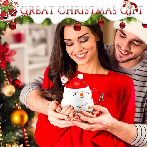 Vista 5 de Yaomiao 4 Tazas de Navidad con Tapa de Gorro de Santa y Cuchara 16 oz Taza de Café de Cerámica Linda de Navidad Árbol Festivo Campana Santa Muñeco