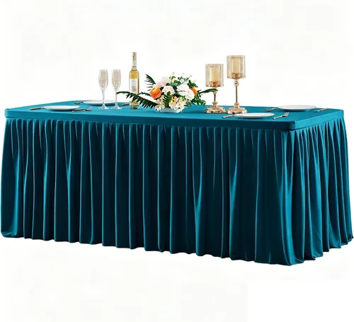 Vista 31 de Manteles de poliéster negro para mesas rectangulares de 4 pies, cubierta de mesa ajustada sin arrugas con falda de mesa plisada con volantes
