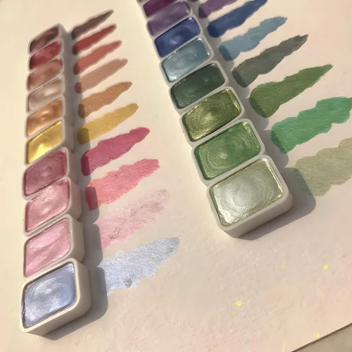 Vista 5 de Juego de pintura de acuarela metálica de 20 colores con purpurina, modelo metálico nacarado sólido, kit de arte de viaje para pintar sobre la marcha