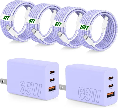 Vista 10 de USB C de carga súper rápida de 65 W para iPhone 17 16 Pro Max, bloque de carga USB C de 3 puertos de 100 W y cable trenzado tipo C de 3/6/6/10 pies