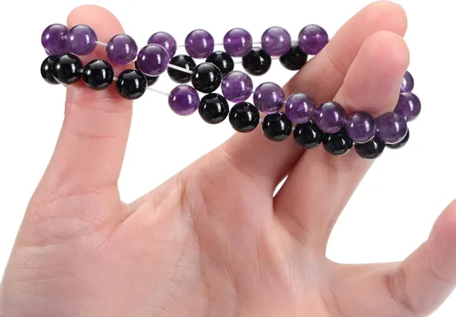 Vista 4 de Jovivi 2 pulseras elásticas de piedra curativa de obsidiana negra y amatista de 0.315 pulgadas, hechas a mano, piedras preciosas redondas naturales