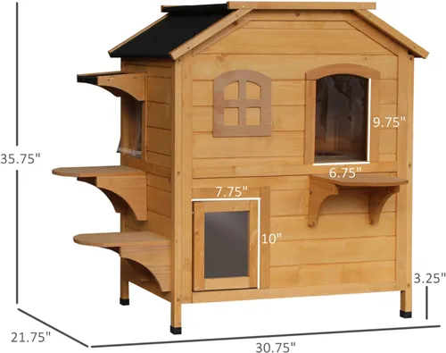 Vista 7 de 2-Story Wooden Cat House - Outdoor Cat Enclosure for Multiple Cats