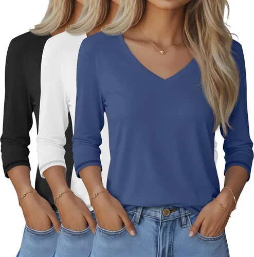 Vista 22 de Ficerd Paquete de 3 camisetas de manga 3/4 para mujer, cuello en V, blusas holgadas, blusas casuales, ropa de moda 2026
