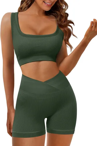 Vista 2 de JZC Conjuntos de entrenamiento para mujer, 2 piezas, acanalados, sin costuras, pantalones cortos de cintura alta, trajes de yoga