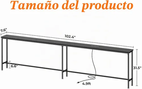 Vista 3 de SUPERJARE Mesa de Sofá de 102.4 Pulgadas con Tomas de Corriente y Puerto USB-C, Mesas de Consola Estrechas de 5.9 Pulgadas, Mesas