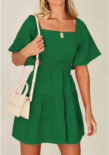 Vista 5 de Shy Velvet - Vestido de verano para mujeres, cuello cuadrado, mangas cortas, cintura cruzada, mini vestido de fiesta casual