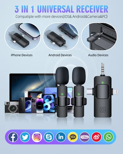 Vista 6 de PQRQP Micrófonos inalámbricos Lavalier 3 en 1 para iPhone, iPad, Android, cámara, micrófono USB-C, batería de 7 horas, micrófono mini con reducción