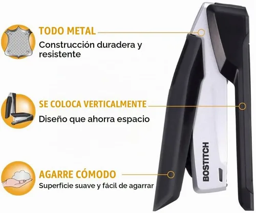 Vista 4 de Bostitch Office Executive Engrapadora de Escritorio de Metal, Engrapadora 3 en 1 Accionada por Resorte, Un Dedo, Compartimento de Almacenamiento