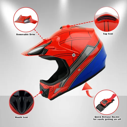Vista 3 de WOW Casco para niños BMX MX Motocross ATV Dirt Bike Casco Spider Rojo