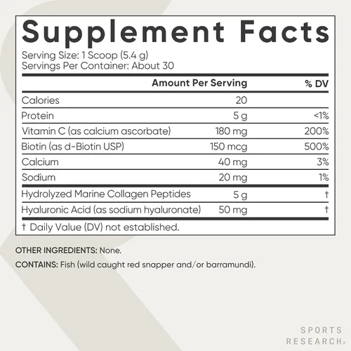 Vista 5 de Sports Research Complejo de belleza de colágeno con ácido hialurónico, vitamina C + biotina Pescatarian, certificado Keto y verificado sin OMG