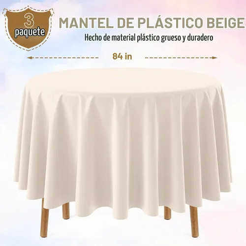 Vista 2 de 3 manteles color beige de 84 pulgadas para mesas redondas, mantel desechable de plástico marfil, mantel impermeable color crema para cumpleaños