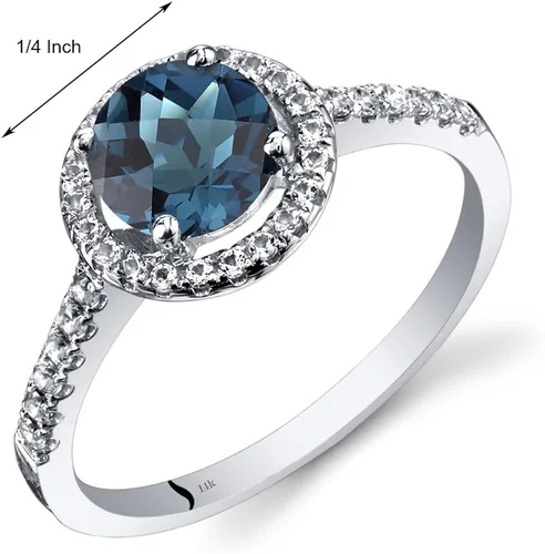Vista 3 de Peora Anillo de topacio azul de Londres para mujer, oro blanco de 14 quilates con topacio blanco, piedra natal genuina, forma redonda de 1.25