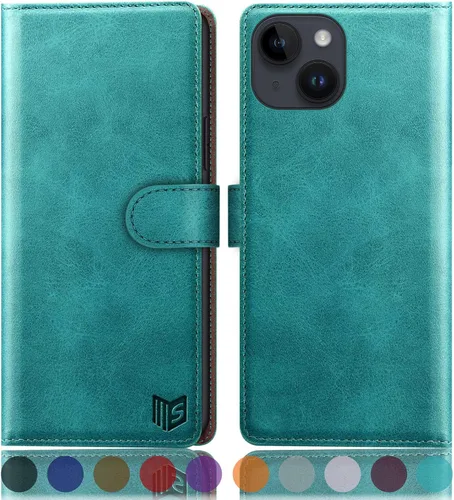 Vista 15 de SUANPOT Funda protectora tipo cartera con función atril para iPhone 15 de 6.1 pulgadas, con soporte para tarjetas de crédito RFID, funda de piel