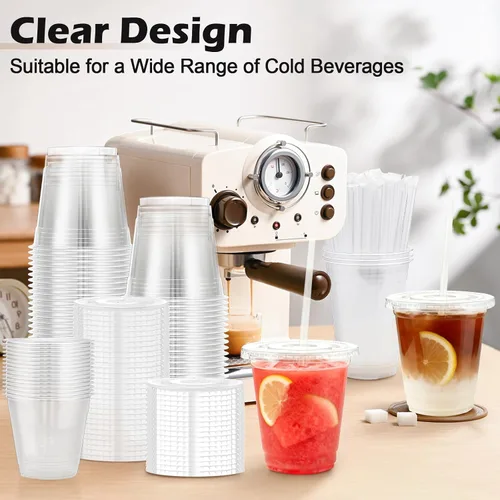 Vista 5 de Lamosi Paquete de 100 vasos de plástico transparente de 12 onzas con tapas y pajitas, tazas desechables para café helado con tapas para bebidas