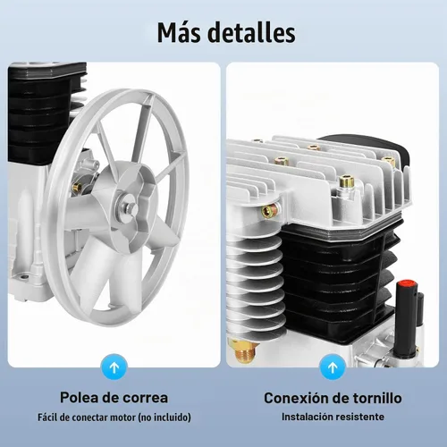 Vista 7 de Cabezal de bomba de compresor de aire, cabezal de compresor de aire de 3 HP con 2 cilindros, compresor de aire lubricado con aceite con polea