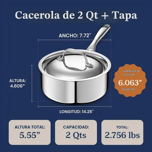 Vista 6 de LEGEND COOKWARE Cacerola de acero inoxidable de 5 capas de 2 cuartos de galón con tapa, compatible con inducción, apta para horno a 800 °F,
